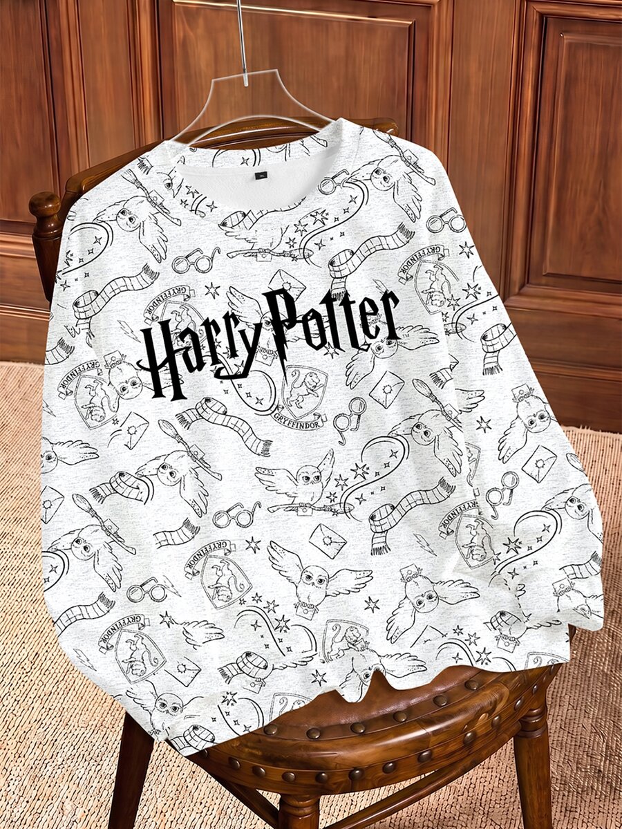 HARRY POTTER X SHEIN Sweatshirt Wanita Ukuran Besar dengan Motif Huruf, Kasual, dan Kerah Bulat untuk Sehari-hari - Putih - View 1