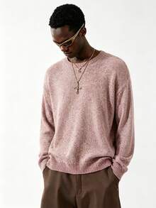 Manfinity Hypemode Men's Casual Solid Color Round Neck Drop Shoulder Long Sleeve Pink Sweater, Fall/Winter - Brown - View 1