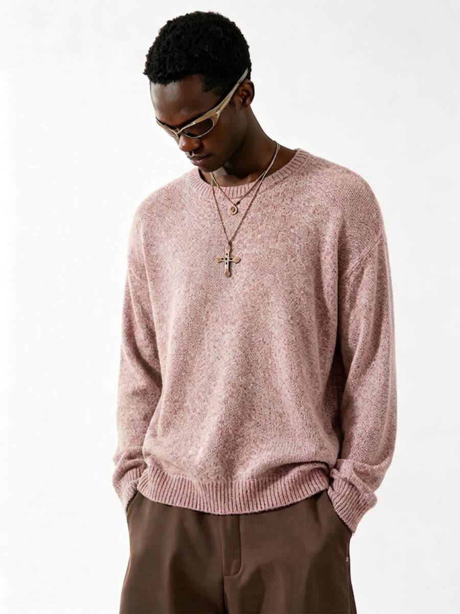 Manfinity Hypemode Men's Casual Solid Color Round Neck Drop Shoulder Long Sleeve Pink Sweater, Fall/Winter - Brown - View 1