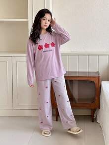 Dazy Kids 對比色圓領圖案印花休閒女童家居服套裝 秋季 - 紫色 - 查看 2