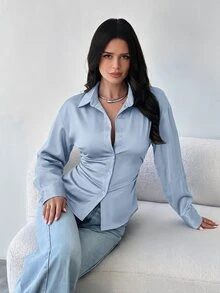 Firerie 女款長袖襯衫，後腰收腰設計，日常通勤與夜晚外出襯衫，度假襯衫，春夏秋冬四季穿著，優雅性感 - 藍色 - 查看 9