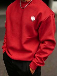 HypeHours 男士經典休閒馬標誌圓領衛衣，適合日常穿著與聚會 - 紅色 - 查看 1