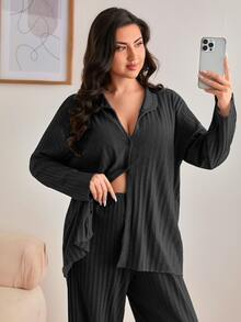 SHEIN Cottnline طقم بيجامة قطعتين مقاس كبير، قميص بأزرار من القطن 100% بتصميم مضلع ومخطط باللون الأزرق الداكن - الأسود - مشاهدة 4
