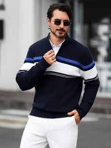 Marcello Vane 男士秋冬條紋半拉鍊長袖休閒毛衣 - 彩色 - 查看 5