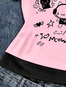 SHEIN Tween Girl Creative Fresh Cute Rabbit & Cat Headphone Design Fun Letter Print 2 In 1 Off-Shoulder Camisole Short Sleeve T-Shirt - Multicolor - View 3