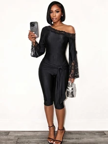 BamGleam Women's Asymmetrical Shoulder Lace Patchwork Casual Daily Jumpsuit - Black - View 5