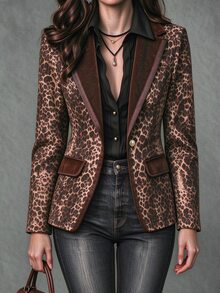 LUMIGAL Vintage Fashion Elegant Leopard Animal Print Pattern AB Patchwork Elegant Commute High-End Women's Blazer Jacket - Multicolor - View 7