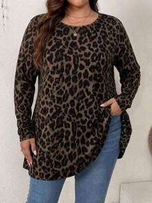 Firerie Vintage Leopard Print Casual Minimalist Round Neck Plus Size T-Shirt (Autumn/Winter) - Multicolor - View 7