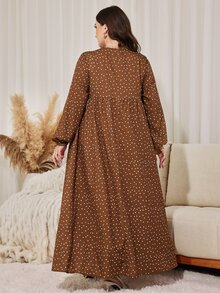 Lacomfia Plus Size Women's Polka Dot Pattern Lantern Sleeve Button Design Casual Dress - Brown - View 2