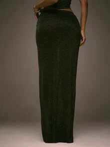 MUSERA Black Sheer Knit Low Rise Maxi Skirt Fall Autumn Winter Going Out Evening Sexy - Black - View 4