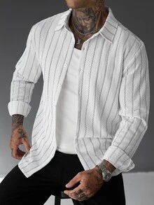 Manfinity Roughcore Men's Casual Black And White Striped Textured Shirt - Black and White - View 5