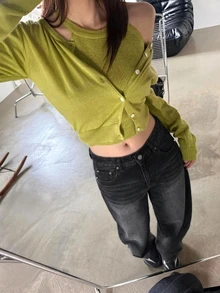 DAZY 對比縫線寬鬆彎腿休閒街頭風夏季女款牛仔褲 日常外出穿搭 黑色 - 黑色 - 查看 6