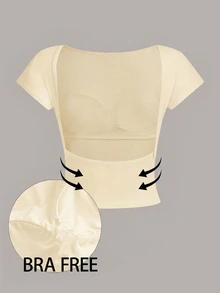 Tseoso 女款百搭極簡風性感 T-shirt，適合日常穿著與外出 - 杏色 - 查看 6