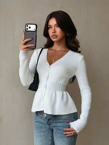 SHEIN Glamour كارديجان نسائي بلون موحد مطوي كاجوال متعدد الاستخدامات للارتداء اليومي - أبيض - مشاهدة 7