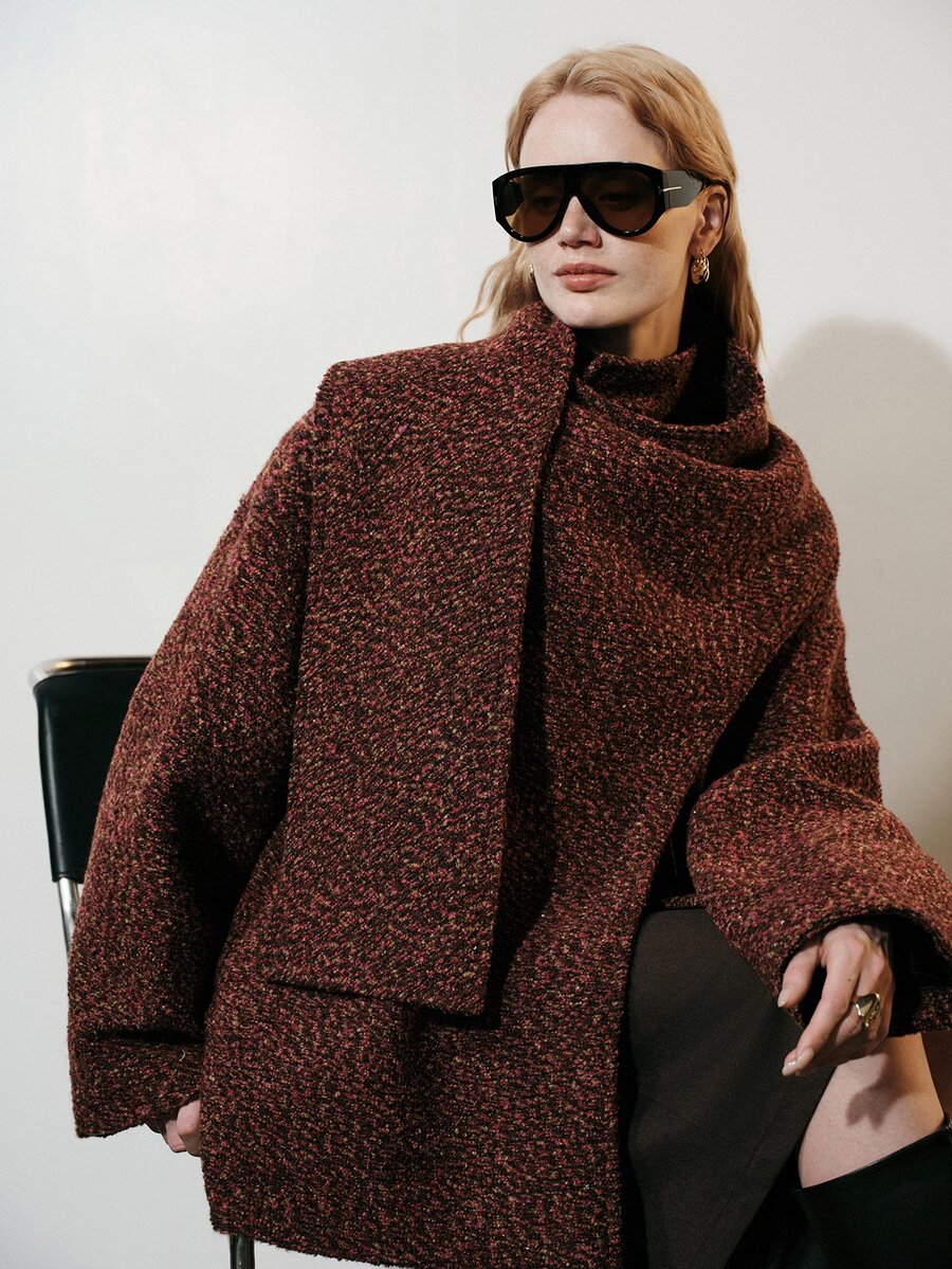 Aveloria Modichic Sweater Top Oversized Tweed Textured Integrated Scarf Collar High Neck Drop Shoulder Elegant Burgundy Fall Clothes For Women Winter Sweaters Christmas - Multicolor - View 1