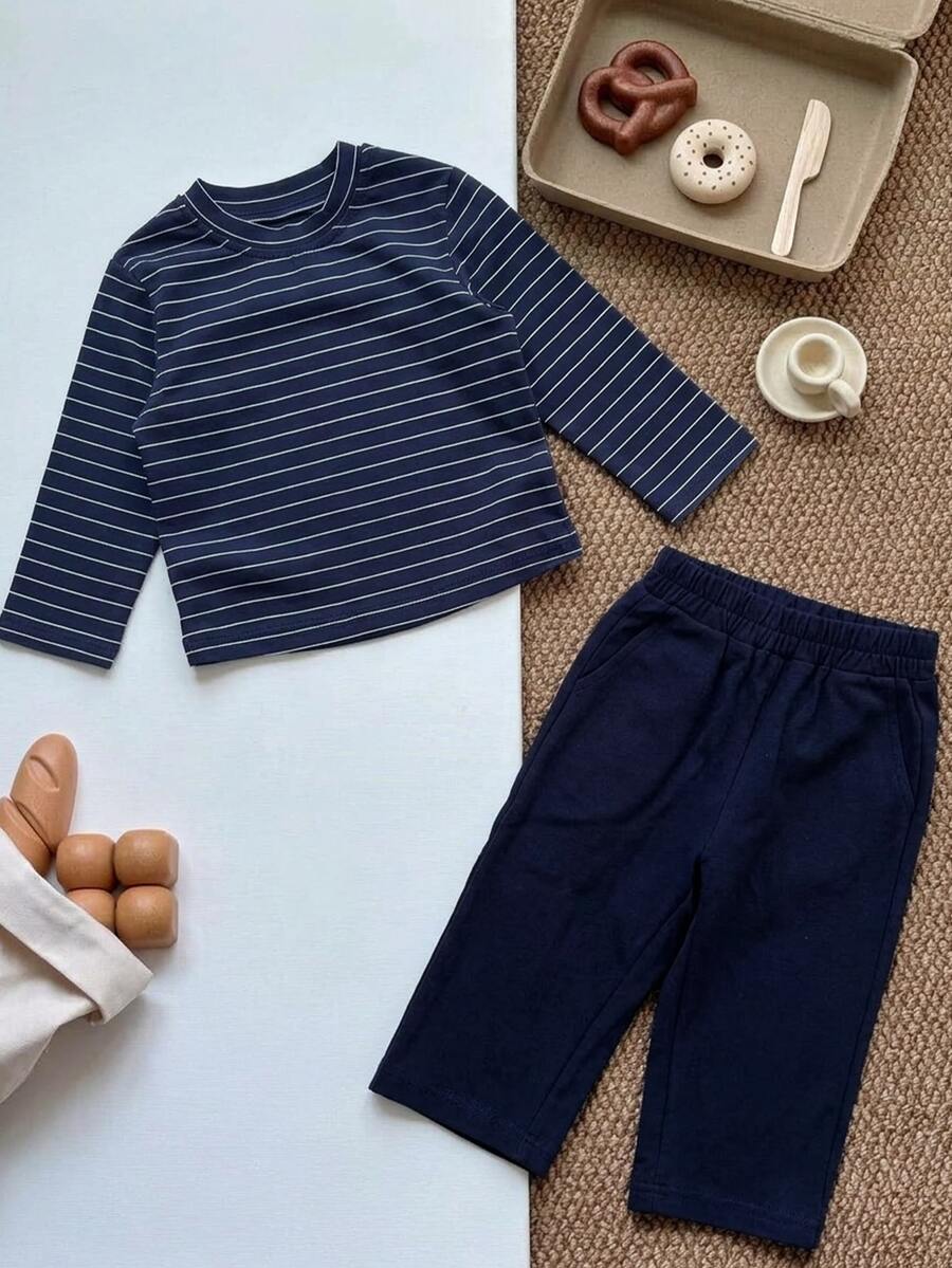 Dazy Kids Boys (Small) Striped Loose Top + Straight Leg Solid Color Pants 2 Pieces Loungewear Set - Navy Blue - View 1
