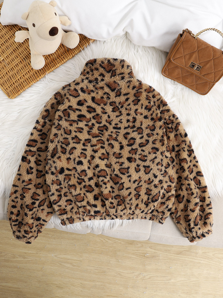 Tween Girl Tween Girl Tween Girl Tween Girl Kids Knitted Bow Plush Collar -Zip Patchwork Loose Casual Long Sleeve Autumn Winter Sweatshirt Tween Girl - Khaki - View 4