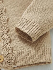 Souflis Souflis Baby Cardigan Girls Beige Long Sleeve Round Neck Floral Embroidered Button Front Knit Cardigan - Brown - View 3