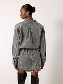 MERLEAU Women's Modern Black & Gray Denim Shirt Dress - Grey - View 2