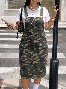 Rivivi Plus Size Women's Camouflage Casual Versatile Washed Denim Overall Dress - Multicolor - View 6