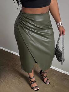 SHEIN CURVE+ Plus Size Women Solid Color PU Leather Fashion Versatile Daily Wear Skirt - Army Green - View 4