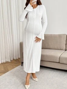 SHEIN Maternity Solid Color Round Neck Bell Sleeve Casual Dress Fall - White - View 7