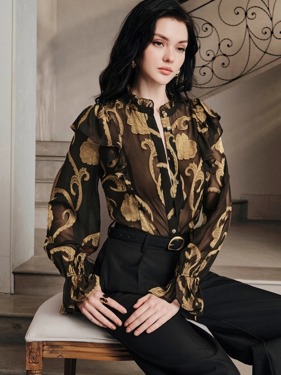 Anewsta Modern Vintage Style Long Sleeve Blouse With Ruffle Collar Design For Women - Black - View 1