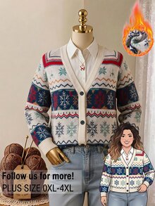 Rusticease Plus Size Colorblock Button Front V Neck 3/4 Sleeve Cardigan Cozy Elegant Fall Winter 2026 Christmas - Multicolor - View 1