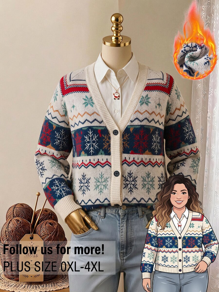 Rusticease Plus Size Colorblock Button Front V Neck 3/4 Sleeve Cardigan Cozy Elegant Fall Winter 2026 Christmas - Multicolor - View 1