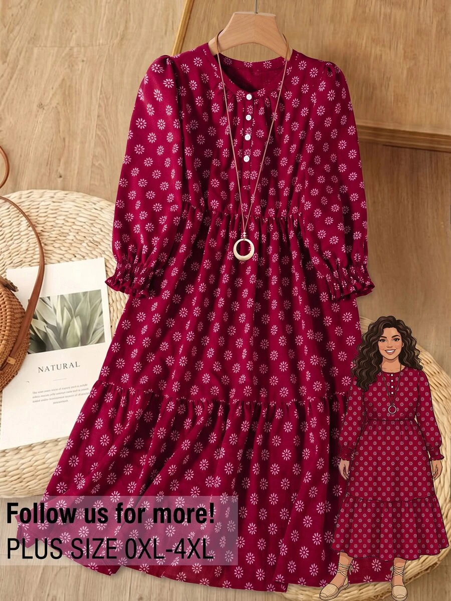 Rusticease Plus Size Button Crew Neck Long Sleeve Pleated Dress - Burgundy - View 1