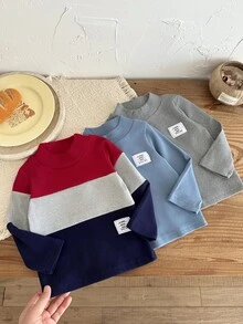 SHEIN 1pc Baby Boy Pullover Sweatshirt Preppy Red Blue Grey Letter Patch Ribbed Patchwork Long Sleeve Mock Neck Thickened Holiday Fall Jogging Cozy Basic - Navy Blue - View 4