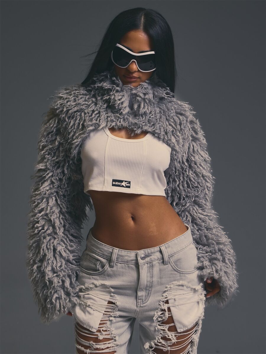 MUSERA Grey Faux Fur Frill Detail Extreme Crop Top Jacket Outfits Evening Fall Autumn Winter Halloween Party Going Out Concert Rave Disco Graphic Camo Sexy - Grey - View 1