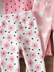 SHEIN 3件組幼兒女嬰褲 可愛粉色白色愛心花朵波點 羅紋針織 標準版型 荷葉邊 舒適保暖 秋季公主風 女嬰女童 假日冬季休閒 - 彩色 - 查看 4