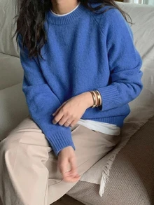 DAZY 女款素色落肩袖長袖休閒商務套頭毛衣，秋季長袖上衣，秋季女裝 - 藍色 - 查看 9