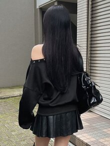 FRIFUL Women's Letter Print Eyelet Design Asymmetric Shoulder Long Sleeve Sweatshirt Hoodies Fall - Black - View 6