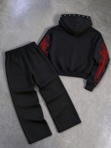 ROMWE MEN 2026 New Graphic Print Hoodie Sweatshirt Set, Thick Streetwear Style For Men, Autumn/Winter - Black - View 2