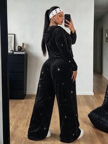 POPSWAY Plus Size Casual Rhinestone Hooded Sweatshirt & Pants 2 Pieces Set With Fur Patchwork, Autumn/Winter - Black - View 2