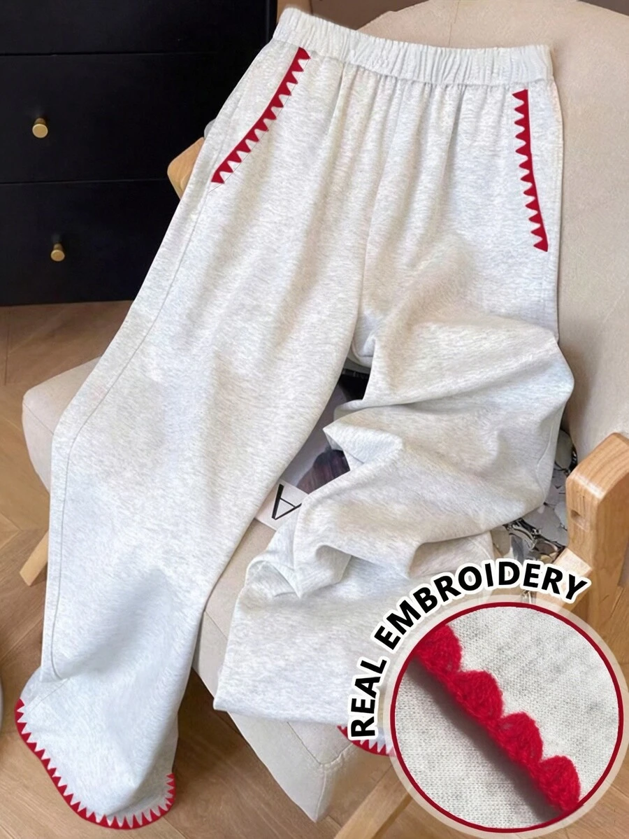 SHEIN 青少年女孩秋季服飾 海軍藍拼色運動服 運動休閒長褲 數字圖案 寬鬆版型 街頭風 適合秋季校園慢跑 - 灰色 - 查看 1