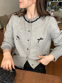 DAZY Women's Fall/ Sequin Decorated Casual French Cute Sweet Wedding Brunch Banquet Bow Contrast Patchwork Cardigan Gray - Grey - View 8