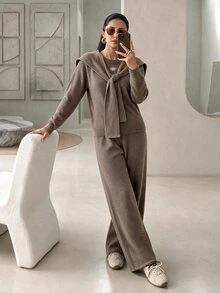 Rue Lumi Women's Autumn/Winter 2 Pieces Set Round Neck 2 In 1 Navy Collar Long Sleeve Sweater Set - Khaki - View 4