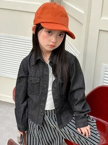 Dazy Kids (Gadis Remaja) Atasan Denim Gelap Pendek Lengan Panjang Kerah Lipat Musim Gugur - Hitam - View 2