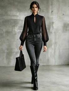 LUMIGAL Women's Small Stand Collar With Frog Button Decoration + Black Chiffon Patchwork Long Sleeve Blouse - Black - View 4