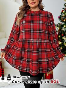 SHEIN CURVE+ Plus Size Casual Ruffle Collar Leopard Print T-Shirt, Autumn Leopard Print Top - Red - View 1