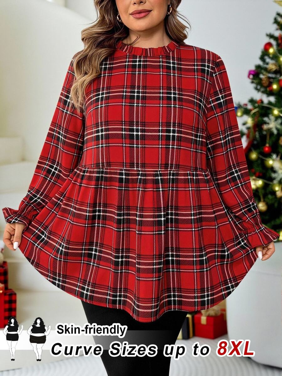 SHEIN CURVE+ Plus Size Casual Ruffle Collar Leopard Print T-Shirt, Autumn Leopard Print Top - Red - View 1