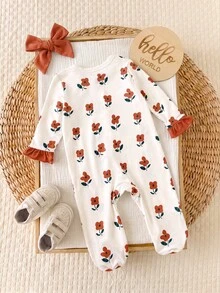 SHEIN Newborn Baby Floral Print Patchwork Ruffle Long Sleeve Romper - Yellow - View 2