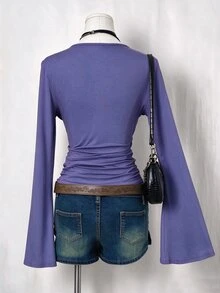 Flirla Autumn Fashion Solid Color Bell Sleeve Ruched Waist T-Shirt - Dusty Purple - View 2