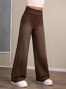 Tween Girl Fashion Elastic Waist Loose Straight Leg Denim Jeans - Brown - View 4