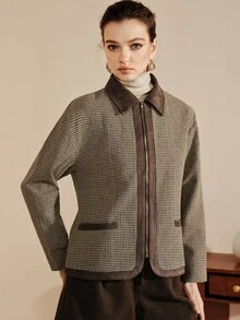 Arave Áo khoác nữ dáng ôm thẳng vải tweed màu nâu họa tiết răng sói vintage, khóa kéo kim loại, viền phối màu tương phản, phong cách đi làm mùa thu, trang phục Giáng Sinh cho nữ - màu nâu - Xem 7