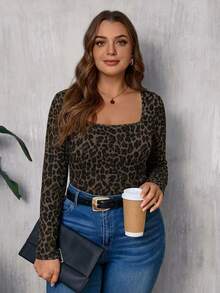 EMERY ROSE Vintage Leopard Print Casual Minimalist Plus Size Square Neck T-Shirt, Suitable For Autumn Outfits Fall - Multicolor - View 5