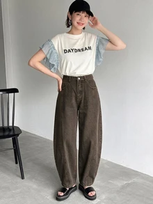 DAZY 女款純色寬鬆彎腿休閒街頭風夏季牛仔短褲 牛仔吊帶褲與連身褲 - 棕色 - 查看 4